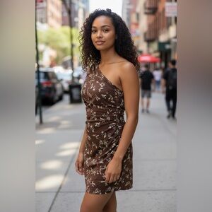 Elegant One-Shoulder Brown Floral Dress